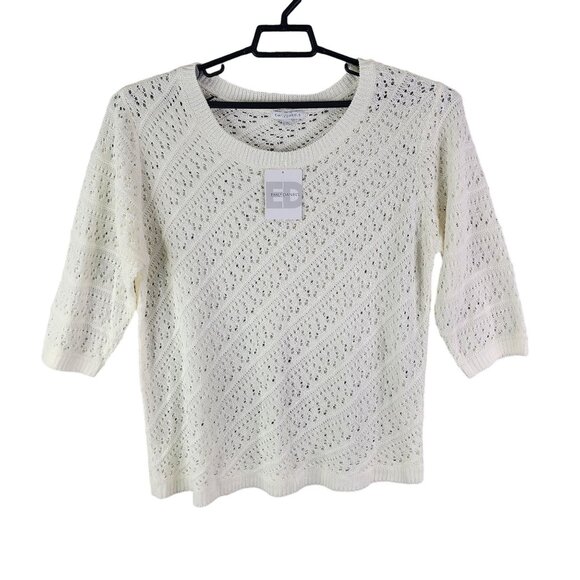 Womens Ivory White Emily Daniels Open-Knit Sweater 3/4 Sleeve Round Neck Size XL - Picture 1 of 13